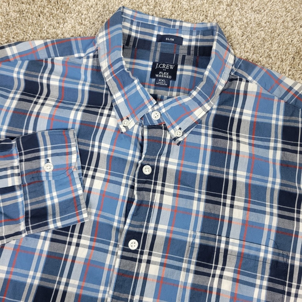 J. Crew Flex Washed Slim Mens 2XL Blue Plaid Button Down Long Sleeve